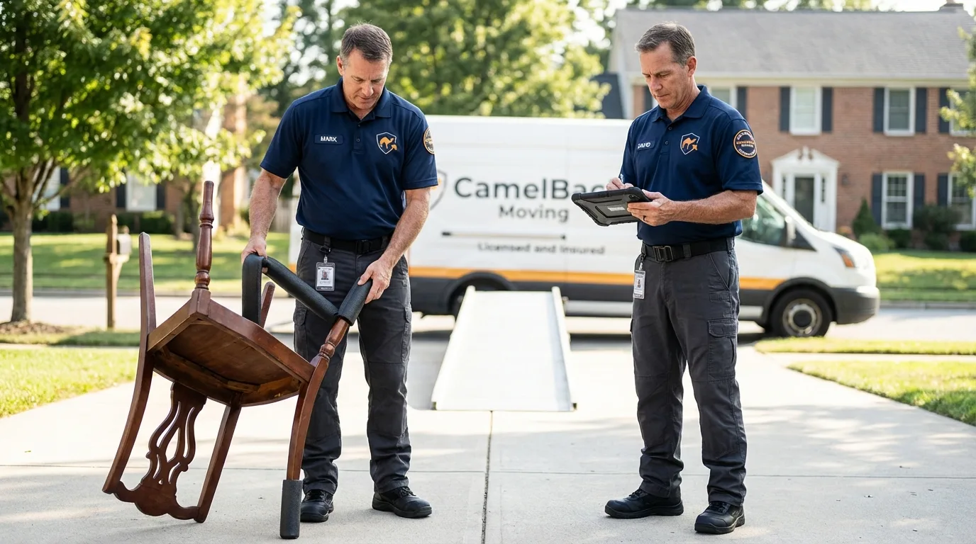 Movers inspecting furniture for damage prevention before loading in Lamoni, IA