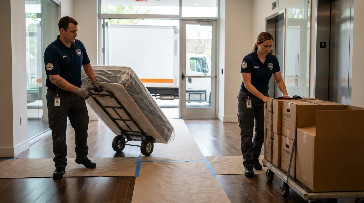 Professional apartment movers loading elevator in Lamoni, IA
